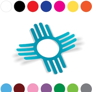 May include: A turquoise blue Zia symbol, a traditional Native American design, with a white circle in the center. The symbol is a stylized representation of the sun and is often used as a symbol of peace and harmony.