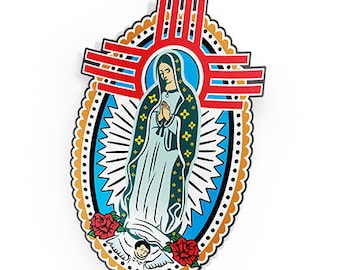 Zia Symbol Virgen de Guadalupe Two Sticker Set: 4 x 6 Weatherproof Vinyl Window Decals