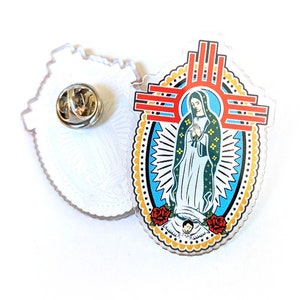 Virgen de Guadalupe Zia Pin New Mexico, Blessed Virgin Mary Collectible Sun Symbol Acrylic Lapel Free Shipping 1.25" x 2" Collectors Edition