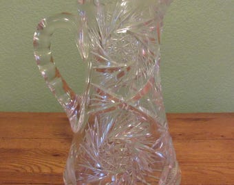 Vintage American Brilliant Cut Glass Lead Crystal Pitcher Pinwheel Star 9.5" Vase Floral 1940 Antique Mid Century Vase Pitcher Heavy Carved