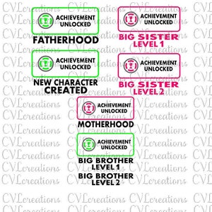 6 designs...Conquistas desbloqueadas Paternidade, Maternidade, Irmão, Irmã e Novo Personagem Criado para camisas separadas SVG PNG DXF