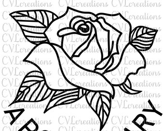 May include: Black and white line art illustration of a rose with the text "A Rose And The Cary" below it.