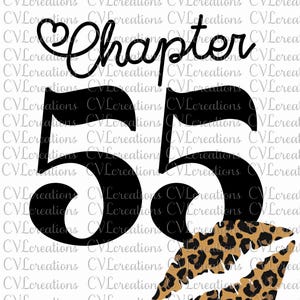 May include: Black and white graphic design with the text "Chapter 55" and a leopard print lip design.