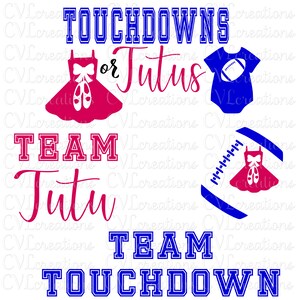 Könnte beinhalten: Ein Gender-Reveal-Party-Design mit dem Text "Touchdowns or Tutus" in Blau und Rosa. Das Design zeigt einen Football und einen Ballerinaschuh, mit den Worten "Team Tutu" und "Team Touchdown" in Rosa und Blau.