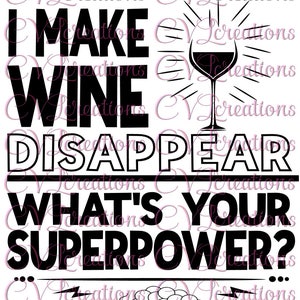 Puede incluir: Diseño gráfico en blanco y negro con el texto "Hago que el vino desaparezca. ¿Cuál es tu superpoder?" con un racimo de uvas y una copa de vino.