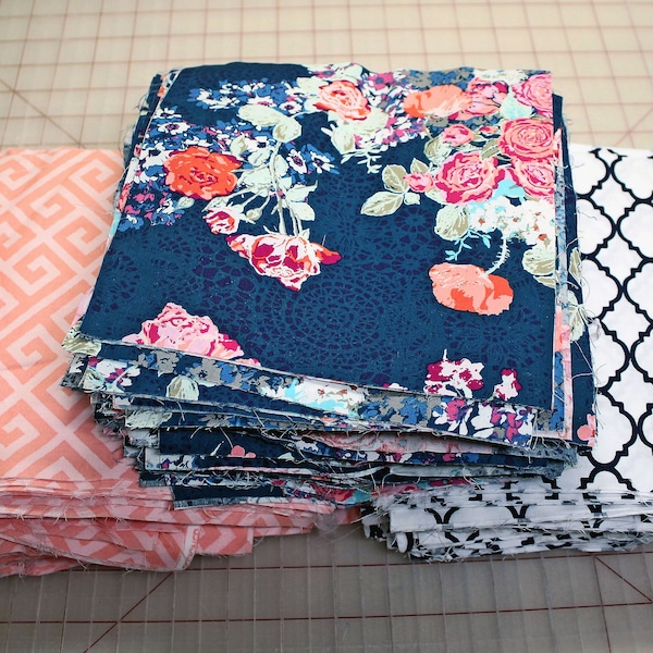 Fabric Squares Bundle, AGF Skopelos Nisi Flora Oceanon Fabric Scraps, Peach and Navy Quilt Fabric Bundle, Quilt Scrap Bundle Navy Cotton