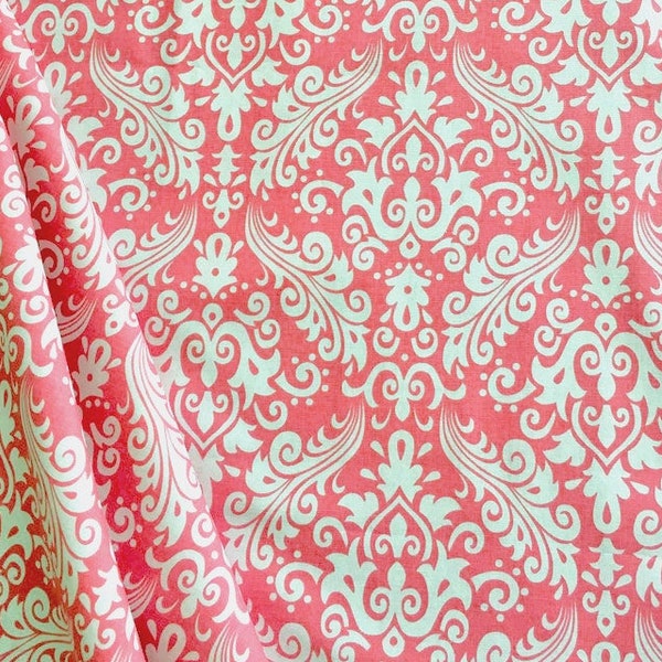 1/2 YD Riley Blake Basics Medium Damask, Coral Quilt Fabric, Coral Damask Cotton Fabric, Coral Pink Damask Fabric, White & Pink Print Cotton