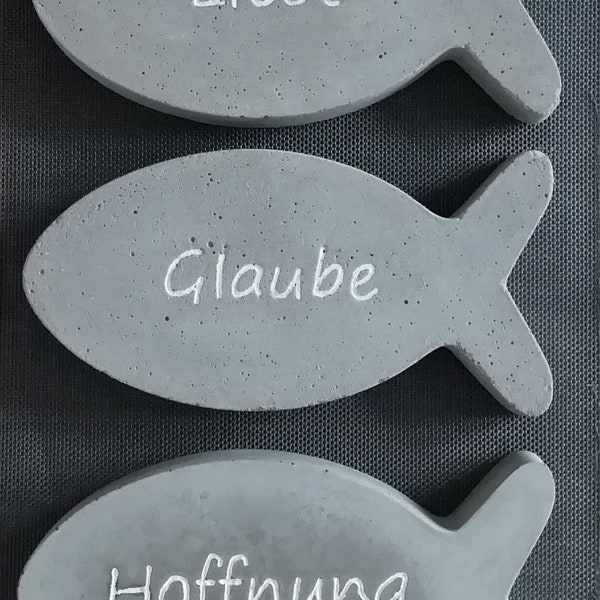 3er Set Beton-Fische, Liebe/Glaube/Hoffnung, Taufe/Kommunion