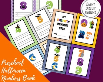 Könnte beinhalten: Ein ausdruckbares Halloween-Nummernbuch für die Vorschule mit bunten Seiten, die die Zahlen 0-8 mit Halloween-Motiven zeigen. Das Buch enthält eine Titelseite mit dem Text "My Halloween Numbers Book".