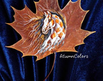 Nature art Original painting on maple leaf painted leaf, painting on leaves Horse , eco-friendly art, original art