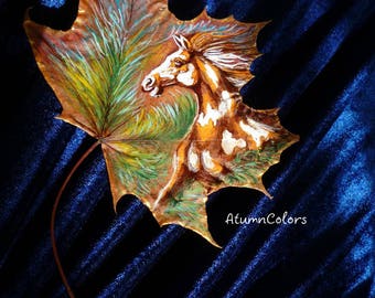 Nature art Original painting on maple leaf painted leaf, painting on leaves Horse , eco-friendly art, original art