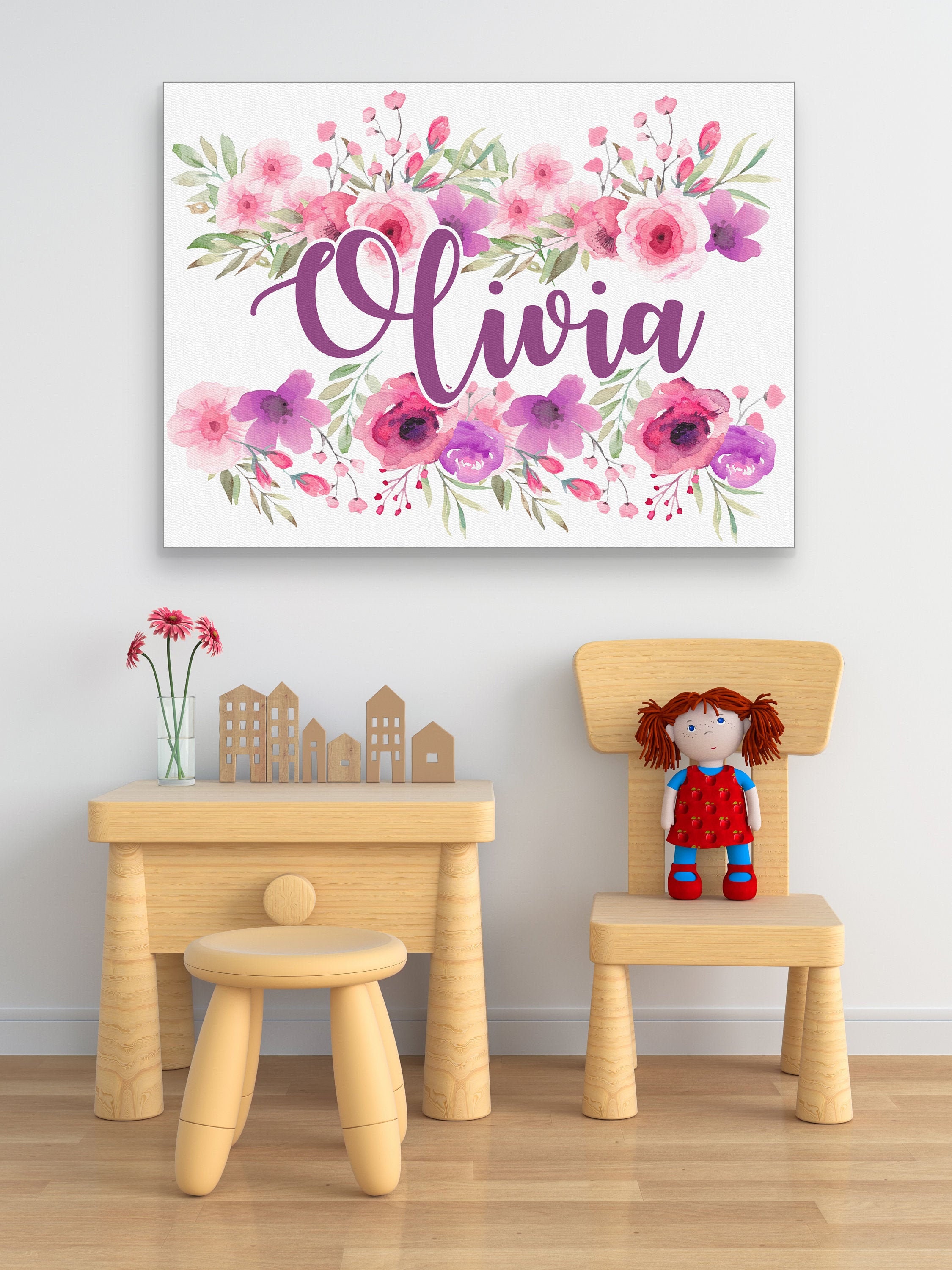 Nursery Baby Name Wall Art Canvas Custom Baby Girl Floral Etsy