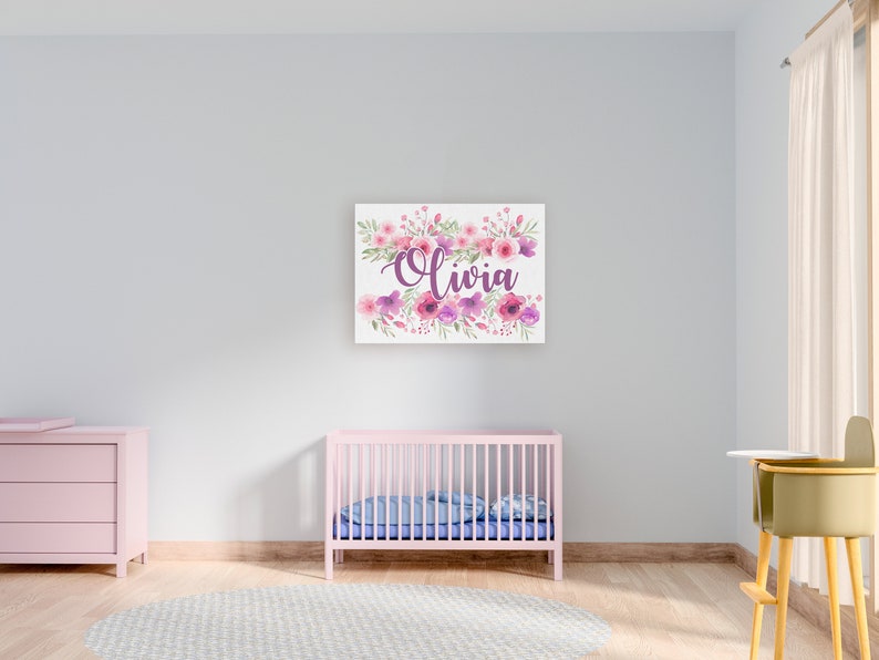 Nursery Baby Name Wall Art Canvas Custom Baby Girl Floral Etsy