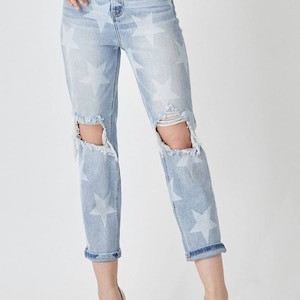 STAR PATTERN JEANS | Slouch Pants | Risen Bottoms | Stretchy Star Jeans | Fourth Of July Outfit | Western Fashion | Ripped Jeans | High-Rise