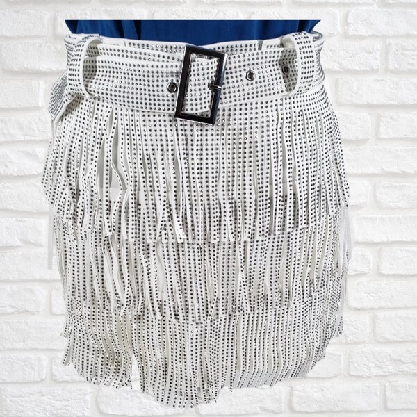 WHITE RHINESTONE SKORT| Fringe Skirt | Fringe Shorts | High Waist Belted Skirt | Nashville Style | Statement Skirt | Bachelorette