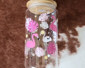 FLAMINGOS PALM LEAF cup | Glass Coffee Cup | Glass Travel Tumbler with Lid and Straw | Glass Cup | Glass Tumbler | Ice Coffee Cup with Straw