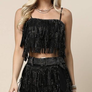 BLACK RHINESTONE TOP| Fringe Top | Gift For Her | Nashville | Bachelorette | Country Concert | Rhinestone Cowgirl | Disco Cowgirl