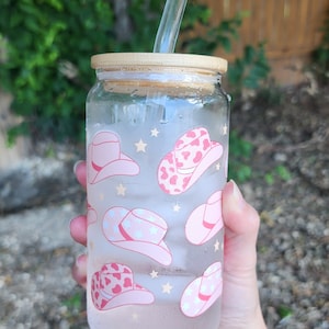 Cowgirl Hats Glass Cup| Western Cowgirl Cup| Iced Coffee Cup| Soda Can Glass| 16oz Can Glass| Pink Glass Cup| Trendy Glass Cup| Barbiecore