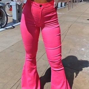 NEON PINK FLARES| Disco Bell Bottoms| Barbiecore Pants| Girly Cowgirl Flares| Nashville Outfit| Disco Cowgirl| Stretchy High Waisted Pants