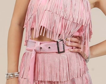Large PINK RHINESTONE TOP| Fringe Top | Gift For Her | Nashville Style | Rodeo | Country Concert Top | Disco Cowgirl