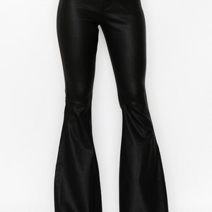 BLACK LEATHER FLARES Stretchy Bell Bottoms Western Boho Flares Goth Pants High Waist Rocker Bottoms Festival Flares Rave Ethical image 1