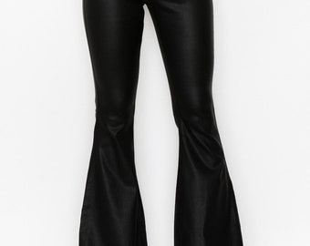 SCHWARZE KUNSTLEDER-Schlaghosen| Dehnbare Schlaghosen| Western Boho Flares| Goth-Hose| Rocker-Hose mit hoher Taille | Festival-Fackeln| Rave Ethical