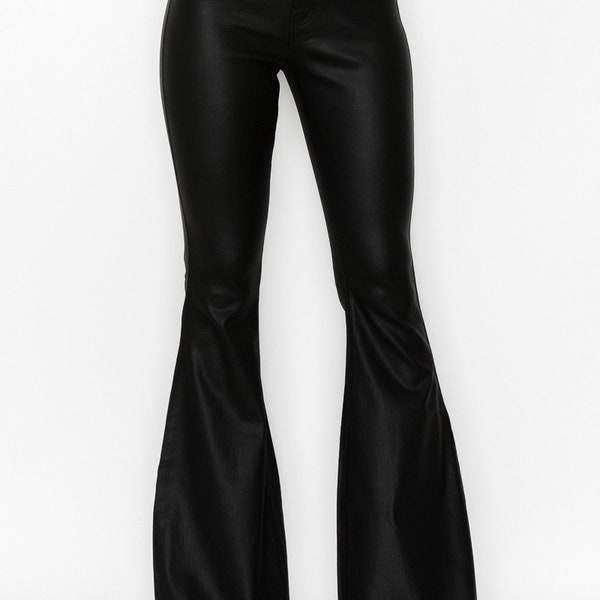 BLACK FAUX LEATHER Flares| Stretchy Bell Bottoms| Western Boho Flares| Goth Pants| High Waist Rocker Bottoms| Festival Flares| Rave Ethical