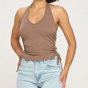 RIBBED HALTER Top | Stretchy Ribbed Top | Ruched Sided Halter | Mocha Ribbed Top | Deep V-Neck Halter | Boho Top | Beach Top | y2k
