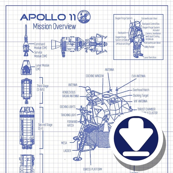 Téléchargement numérique | Plan de la mission Apollo 11 | Cadeau d’atterrissage sur la Lune | Art mural |