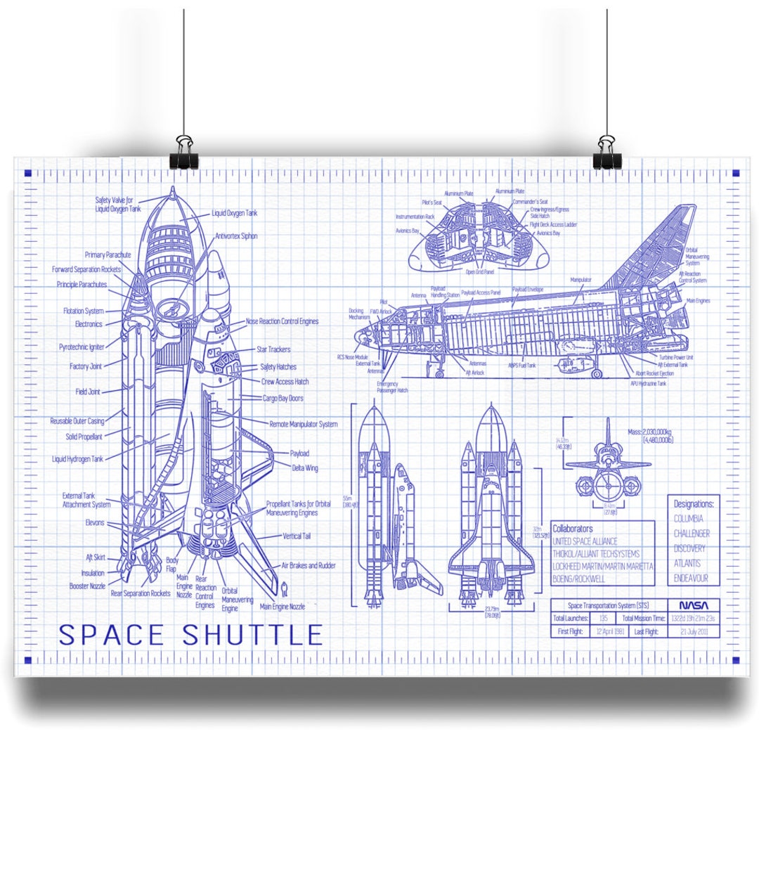 Space Shuttle Blueprint | Wall Art | Space Gift | A2 | A3