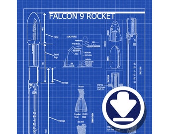 Digital Download | SpaceX Falcon 9 Rocket Blueprint | Wall Art | Space Gift