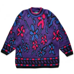 Vintage Abstract Flower Art Pattern Knit Crewneck Long Sweater M Contemporary Art Purple Pink Blue Colorful Bold Bright Funky Unisex 22 x 28