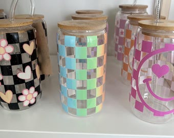 Handgemachte Karierte Glasdose Becher: Bambusdeckel & Glasstrohhalm