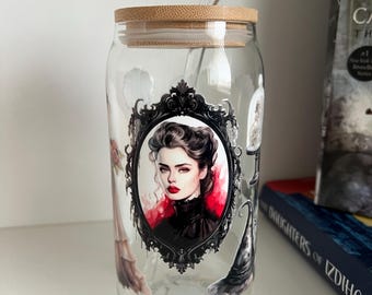 Vaso de vidrio de 16 oz, estilo gótico victoriano, hecho a mano, Lolita Coquette / Calaveras de cuervos negros con núcleo de bruja / Sin vinilo sostenible