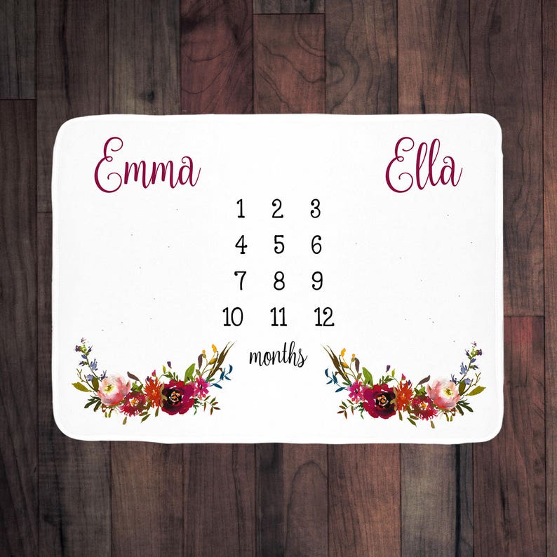 perfect baby shower gift floral baby girl photo prop Track baby/'s growth customized with names Twins Personalized Baby Month Blanket