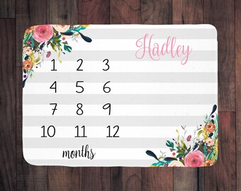 Personalized Baby Month Blanket - milestone blanket, photo prop, girl baby shower gift, personalized with baby's name, watch me grow
