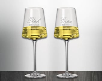 Set of 2 Bride and Groom Wedding Wine Glasses Custom Engraved and Personalized