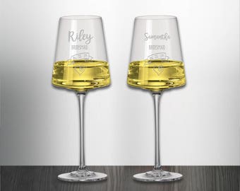 Set of 2 Bridesmaid Wedding Wine Glasses Custom Engraved and Personalized