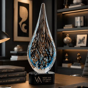 15 1/2"H Multi-Color Hollow Raindrop Art Glass with Black Crystal Base – Personalized Engraving