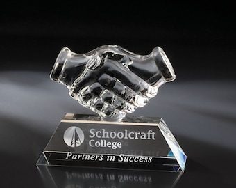 Crystal Handshake  7"W x 6"H Custom Engraved and Personalized