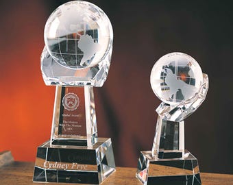 Crystal Spinning Globe In Hand Award Engraved and Personalized