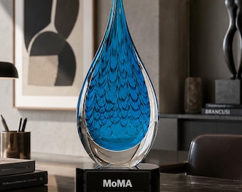12 1/2"H Blue Raindrop Art Glass Award with Black Crystal Base – Personalized Engraving