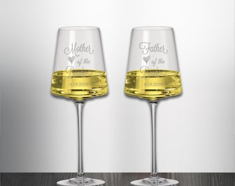 Verres à vin en cristal gravés : Mère et père de la mariée, lot de 2