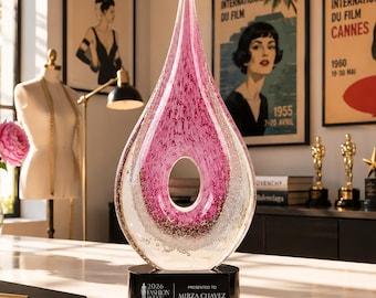 12"H Pink Round Window Raindrop Art Glass Award with Black Crystal Base – Personalized Engraving