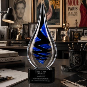 11 1/4" Black Twist Raindrop Art Glass Award with Black Crystal Base – Personalized Engraving