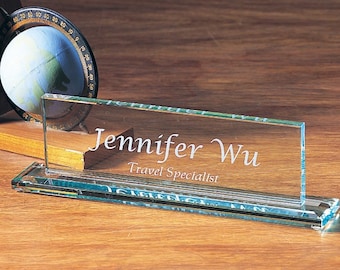 Jade Glass Executive Name Plate 12"W x 3 1/2"H Custom Engraved and Personalized