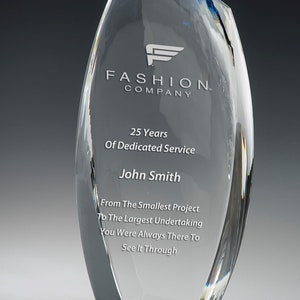 Crystal Granum Recognition Award 4&quot;W x 9&quot;H by Nik Meller Engraved and Personalized