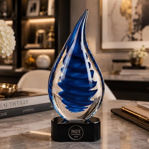 10 1/4"H Blue Twist Raindrop Art Glass Award with Black Crystal Base – Personalized Engraving