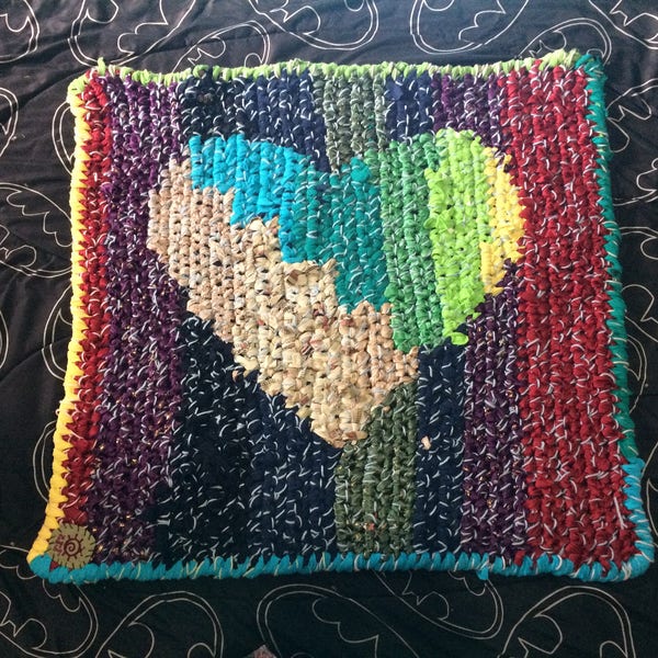 OOAK Heart Handmade Color Fade Rectangle Crochet upcycled RagRug w/ steps B