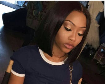 Short Blunt Cut Bob Human Hair Wig Middle Part Lace Closure Etsy